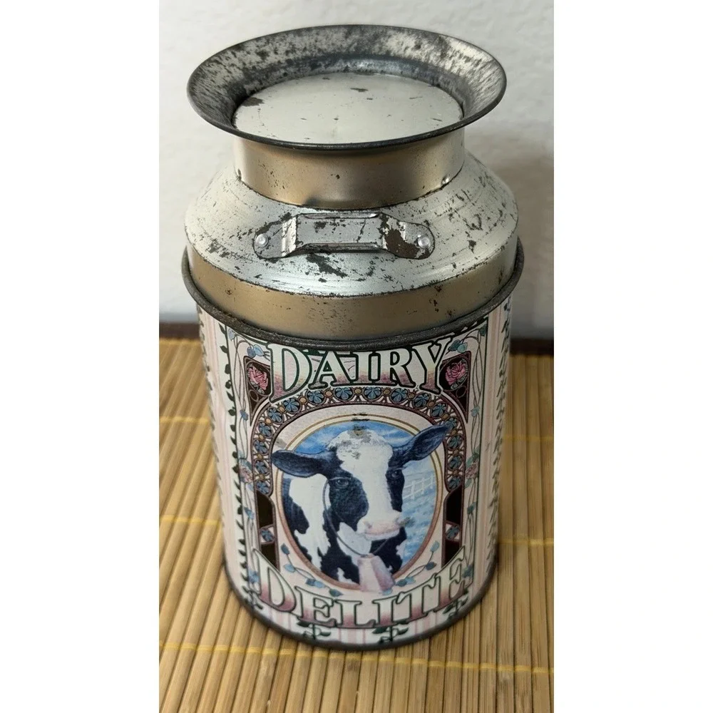 VTG 90s Dairy Delite Cow‎ Milk Jug Tin Canister - Farmhouse / Art Nouveau Decor